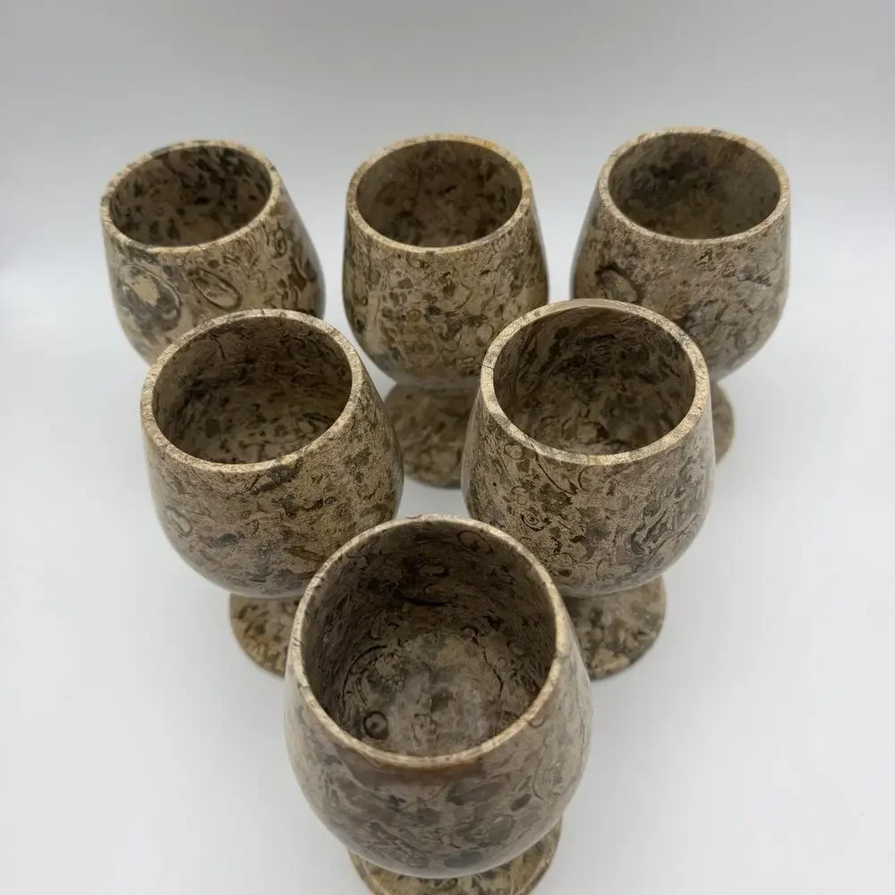 Vintage Fossil Stone Marble Goblets Set of 6 Wine Cups Natural Stone 5